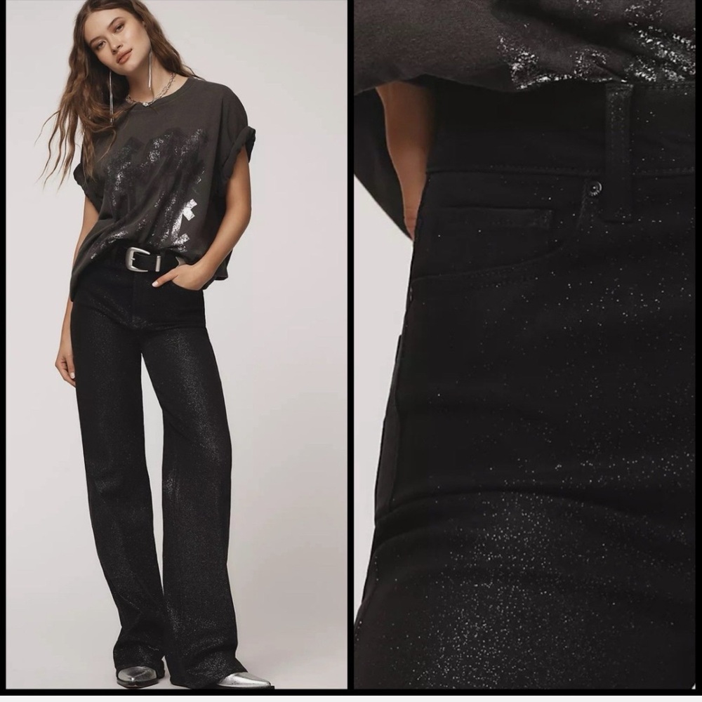 PAIGE Women's Sasha Coated Black Silver Glitter Luxe Wide-Leg Jeans Size 27